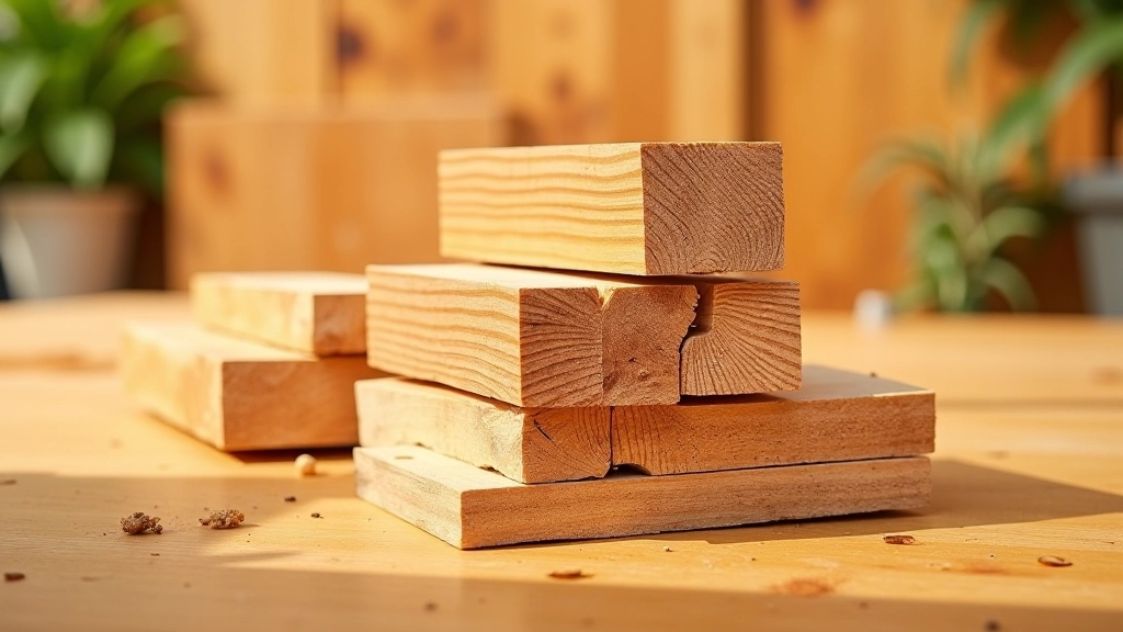 Assorted untreated timber boards stacked in natural light, showing cedar and larch wood grain texture