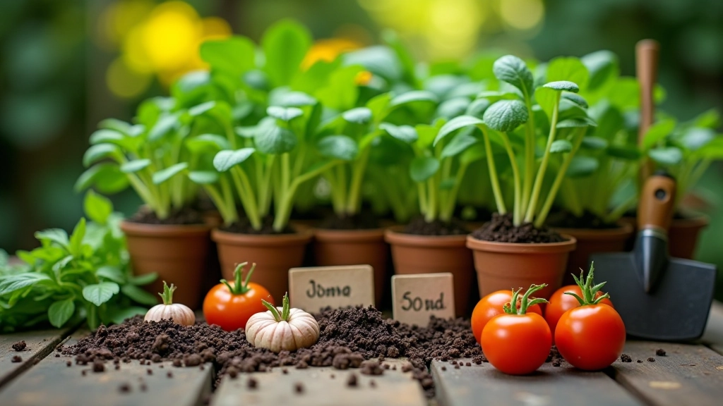 Variety of vegetable seedlings and seeds arranged on wooden surface with planting labels