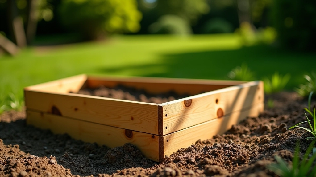 Completed wooden raised bed frame positioned on level ground in a sunny garden setting