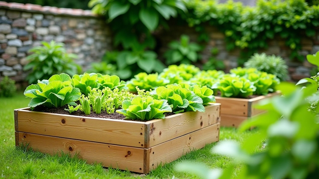 Galway cottage garden with three raised beds planted with vegetables