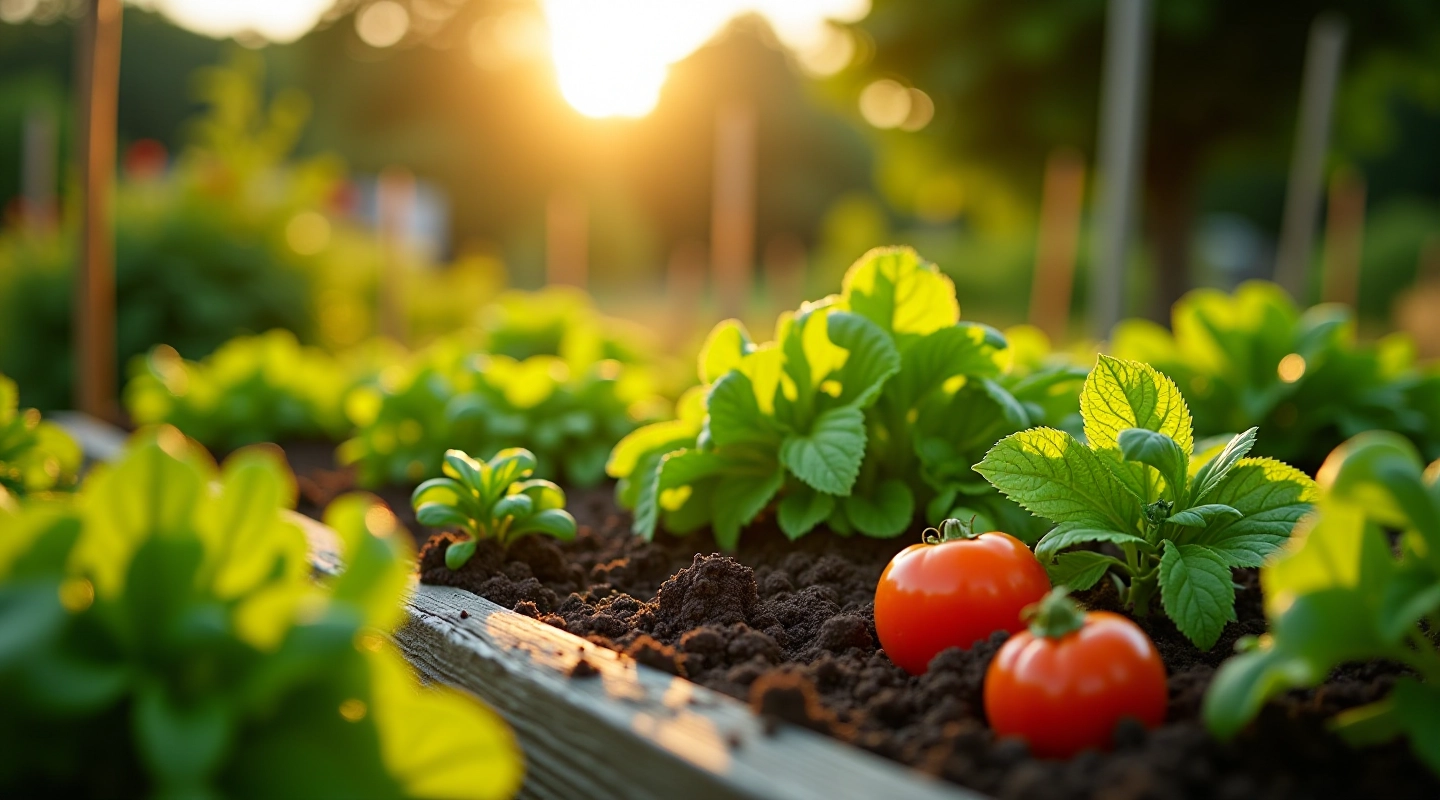 Raised garden beds with growing vegetables in an Irish backyard setting