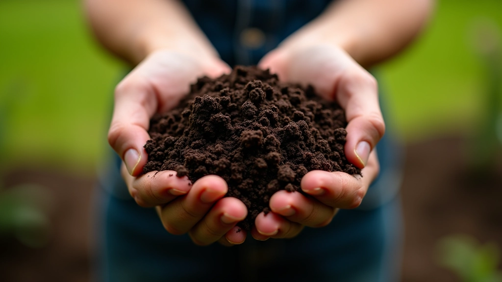 Close-up of hands holding dark rich soil in a raised garden bed