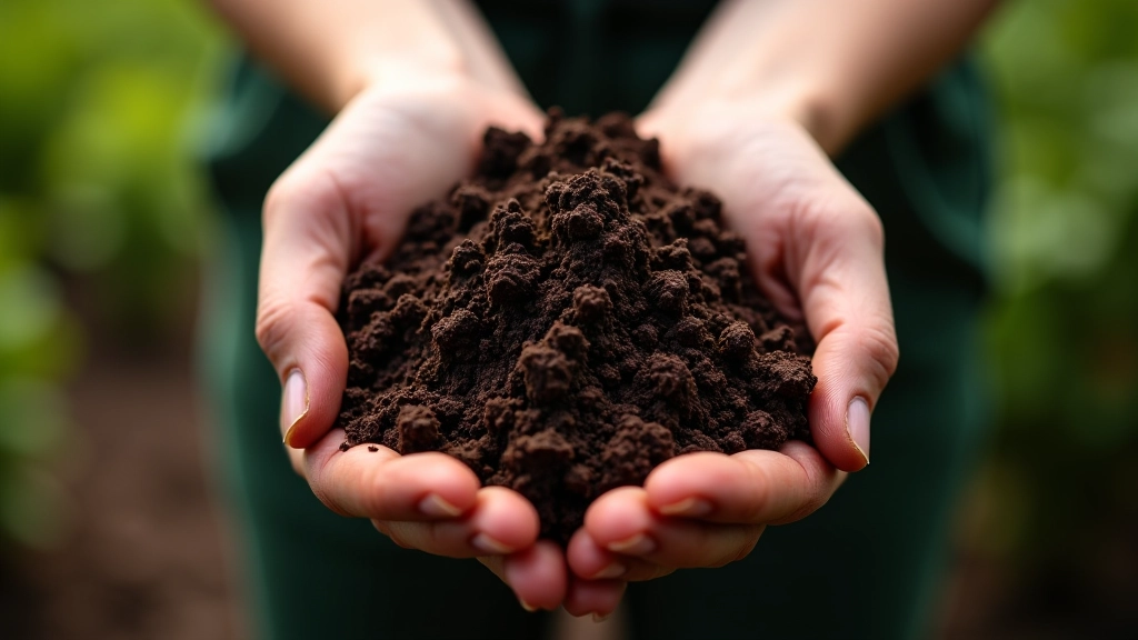 Hands holding dark, crumbly organic soil mixture with visible compost material