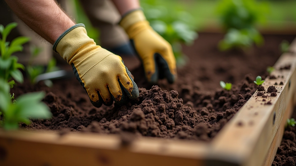 Person's hands mixing organic soil and compost in a raised bed with garden tools nearby