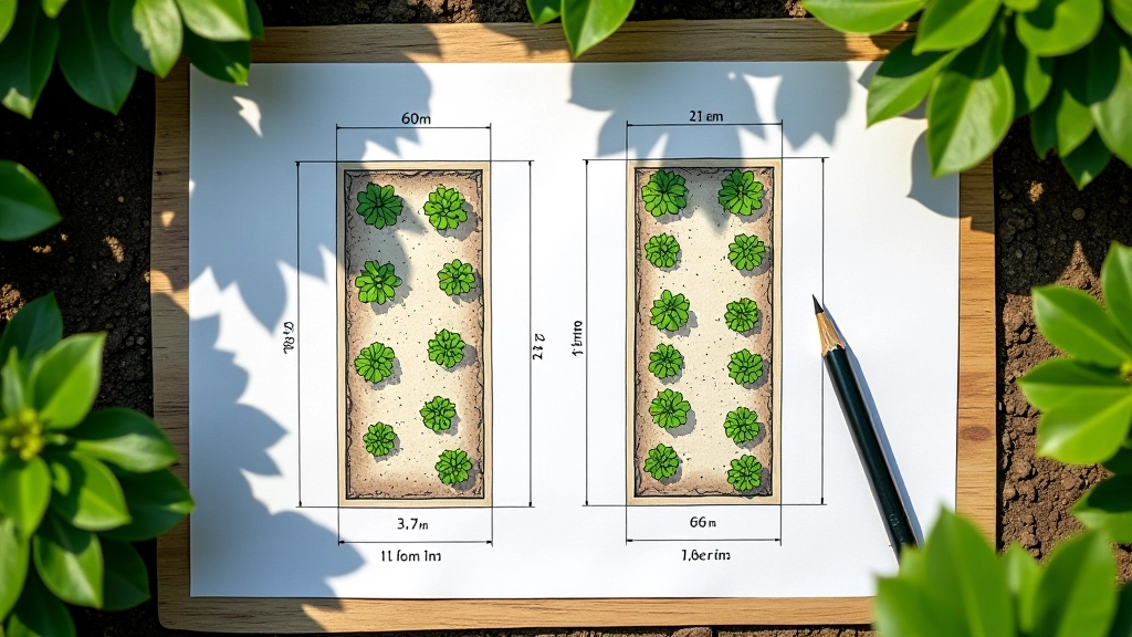Garden design sketch with measurements and raised bed layout plan