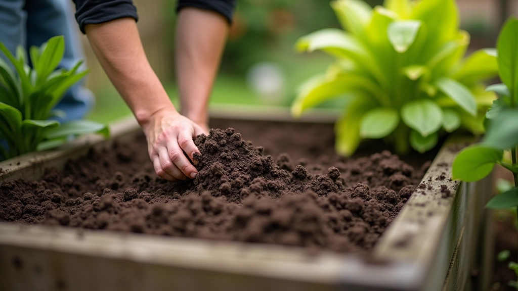 Raised garden bed being filled with layered soil mixture, showing person spreading soil with a rake