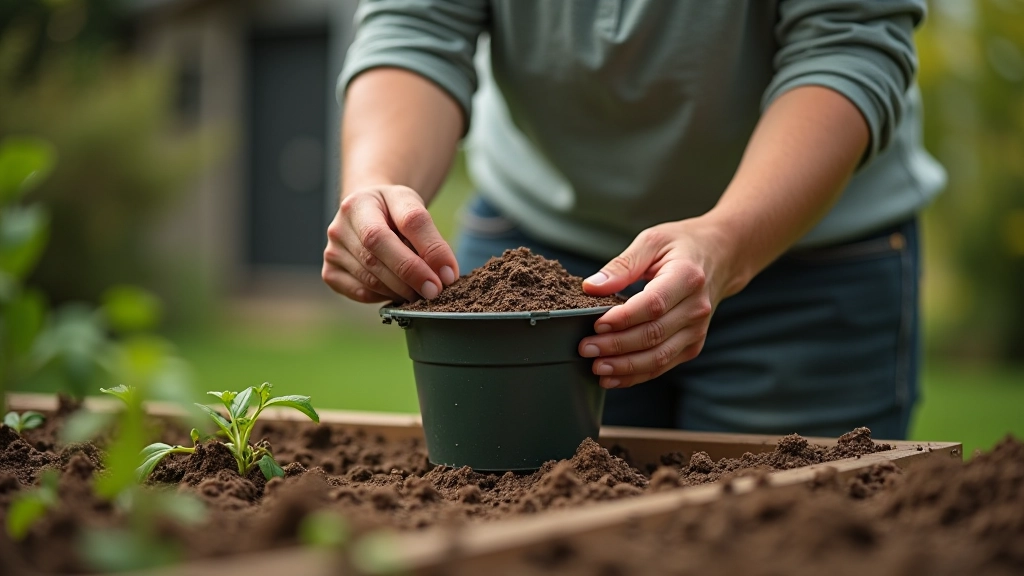 Gardener measuring out peat moss and garden compost using a bucket in a garden shed