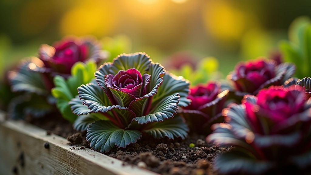 Autumn raised bed with mature purple kale, ruby chard with vibrant stems, and leafy green spring cabbage ready for harvest