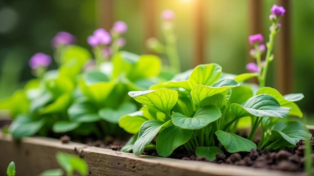 Young spring vegetables in raised bed including broad beans with purple flowers, tender pea shoots climbing wooden trellis, and green onion seedlings