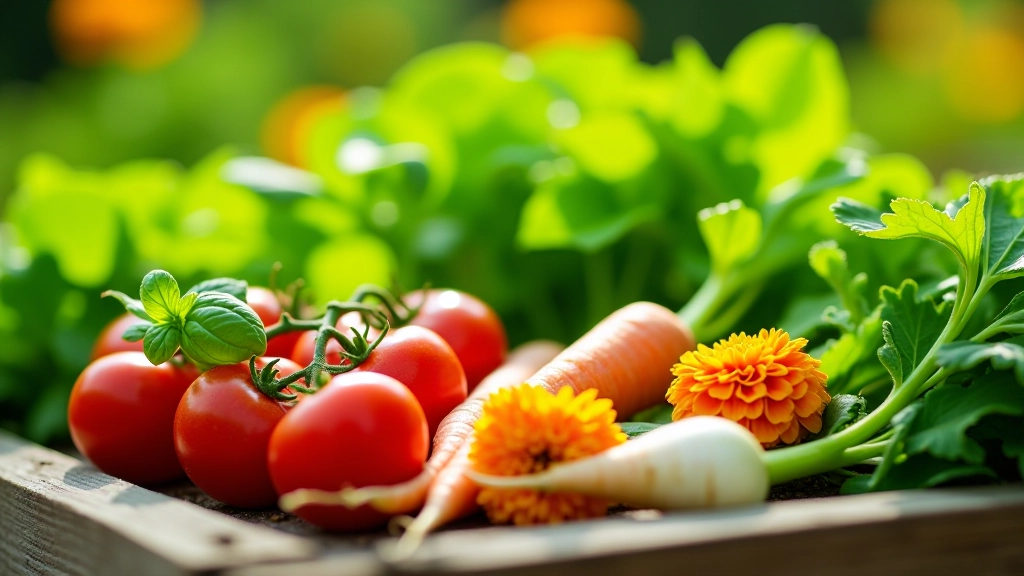 Diverse vegetables planted together: tomatoes with basil, carrots with onions, marigolds as pest deterrent