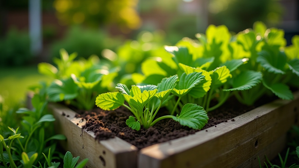 Thriving raised garden bed with diverse vegetables and flowering companion plants