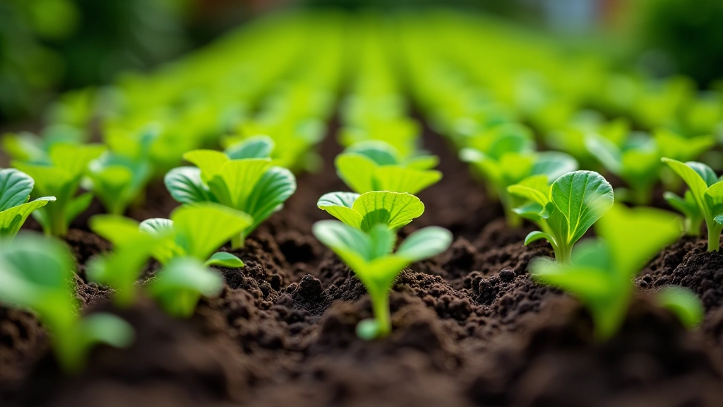 Close-up of raised garden bed with rich dark soil and green seedlings sprouting in organized rows