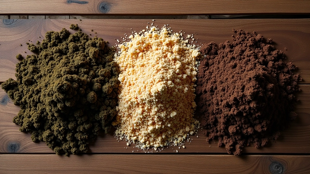 Soil texture comparison showing peat moss, compost, and perlite in separate piles on wooden surface