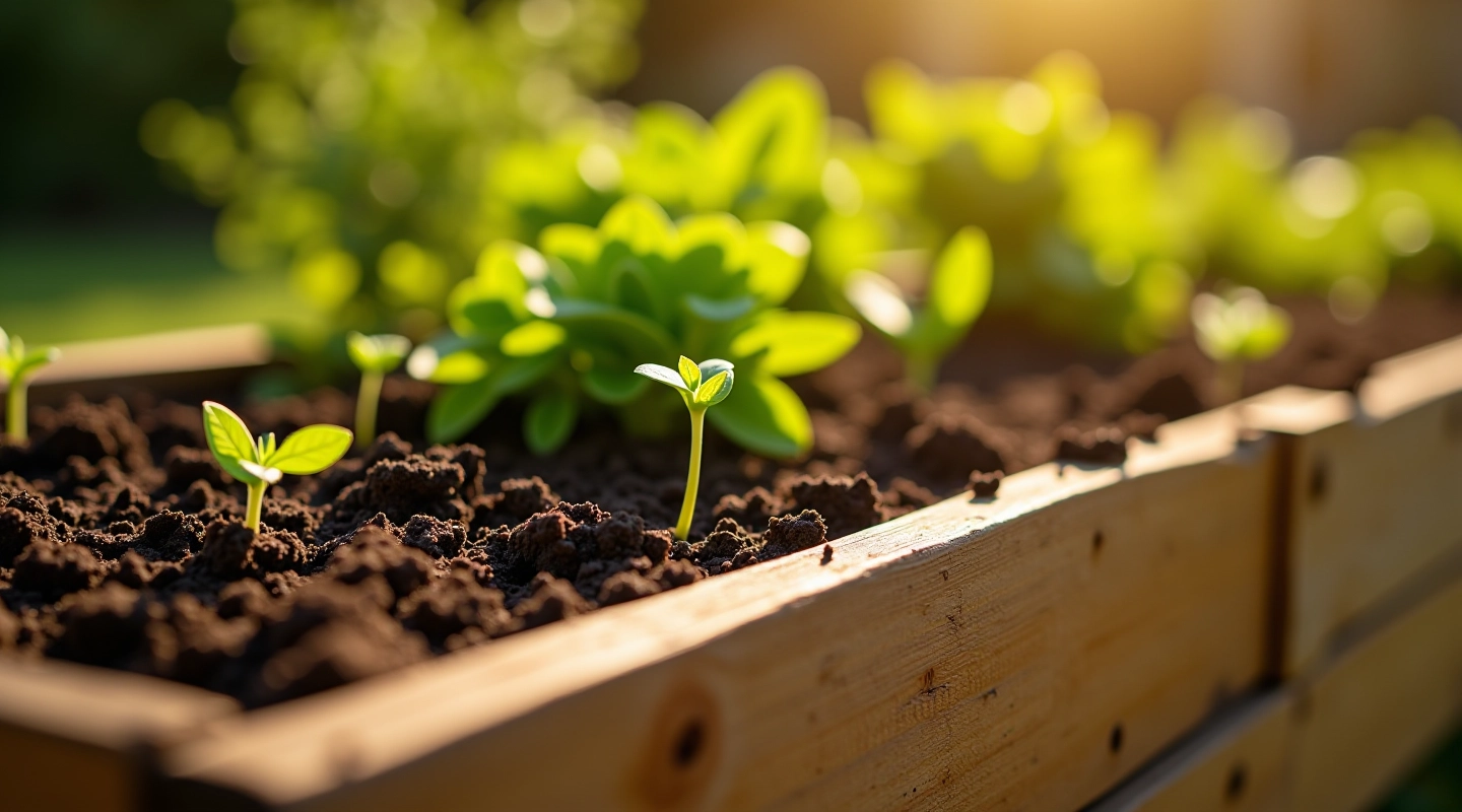 Wooden raised bed garden filled with dark soil and seedlings in morning sunlight